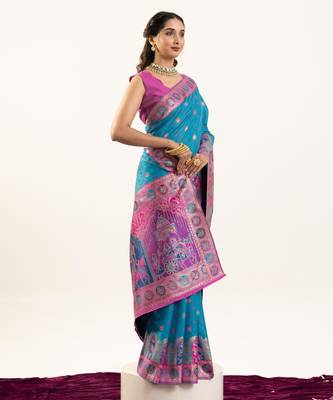 Blue solid silk blend saree with blouse 3