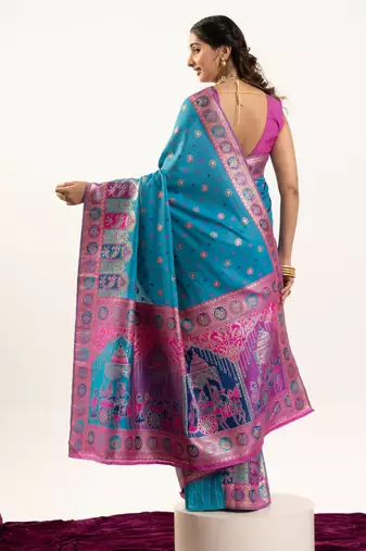 Blue solid silk blend saree with blouse