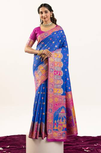 Royal blue solid silk blend saree with blouse