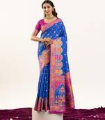 Royal blue solid silk blend saree with blouse