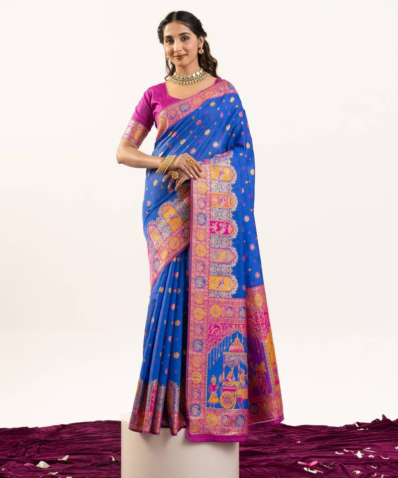 Royal blue solid silk blend saree with blouse