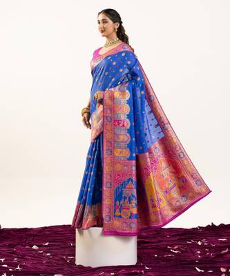 Royal blue solid silk blend saree with blouse 2