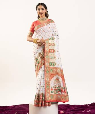 White solid silk blend saree with blouse 1