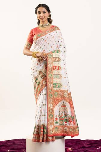 White solid silk blend saree with blouse