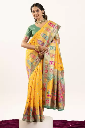 Yellow solid silk blend saree with blouse