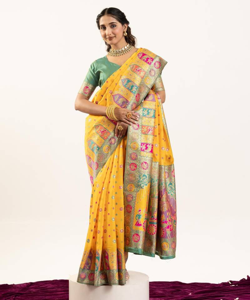 Yellow solid silk blend saree with blouse