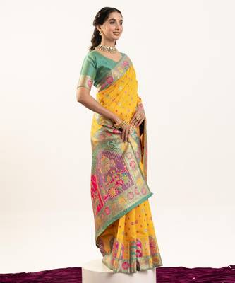 Yellow solid silk blend saree with blouse 4