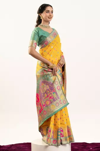 Yellow solid silk blend saree with blouse