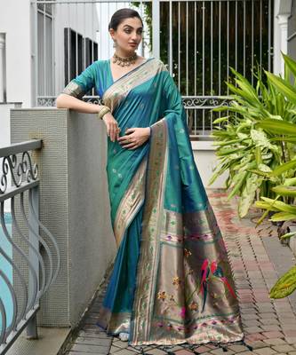 Green solid silk blend saree with blouse 1