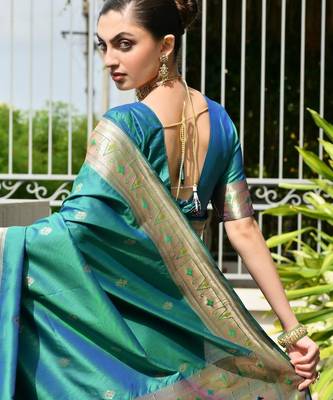 Green solid silk blend saree with blouse 2