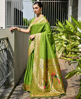Parrot green solid silk blend saree with blouse 1