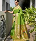 Parrot green solid silk blend saree with blouse
