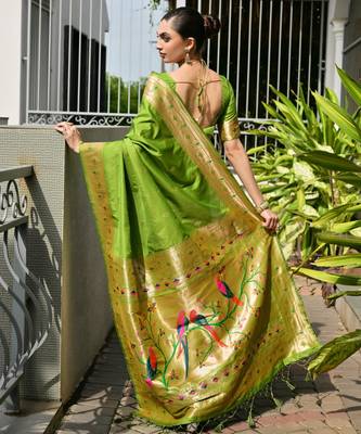 Parrot green solid silk blend saree with blouse 2