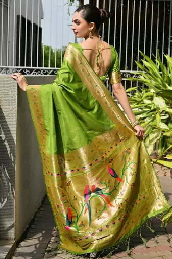Parrot green solid silk blend saree with blouse