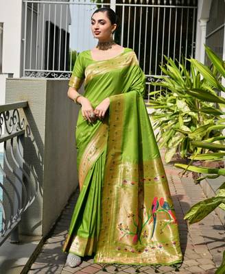 Parrot green solid silk blend saree with blouse 4