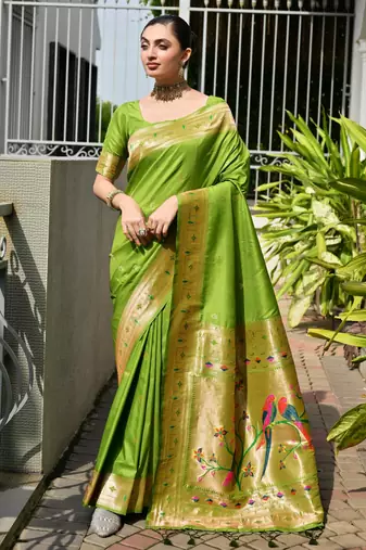 Parrot green solid silk blend saree with blouse