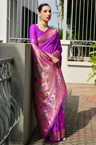 Purple solid silk blend saree with blouse