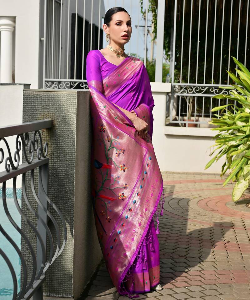 Purple solid silk blend saree with blouse