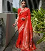 Red solid silk blend saree with blouse