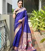 Blue solid silk blend saree with blouse