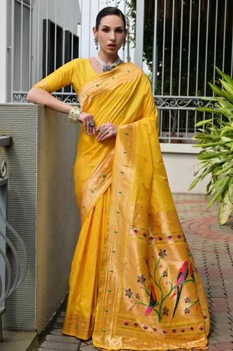 Yellow solid silk blend saree with blouse