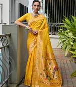 Yellow solid silk blend saree with blouse