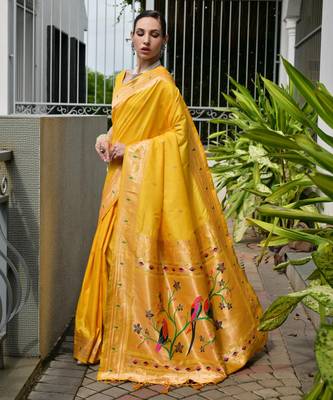 Yellow solid silk blend saree with blouse 2