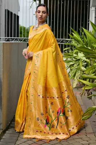 Yellow solid silk blend saree with blouse