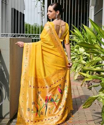 Yellow solid silk blend saree with blouse 3