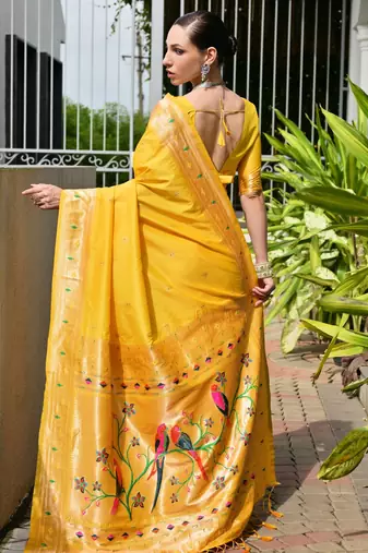 Yellow solid silk blend saree with blouse