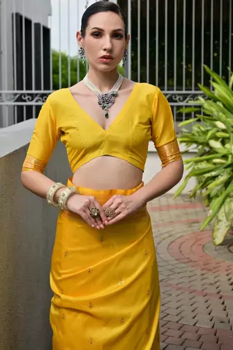 Yellow solid silk blend saree with blouse