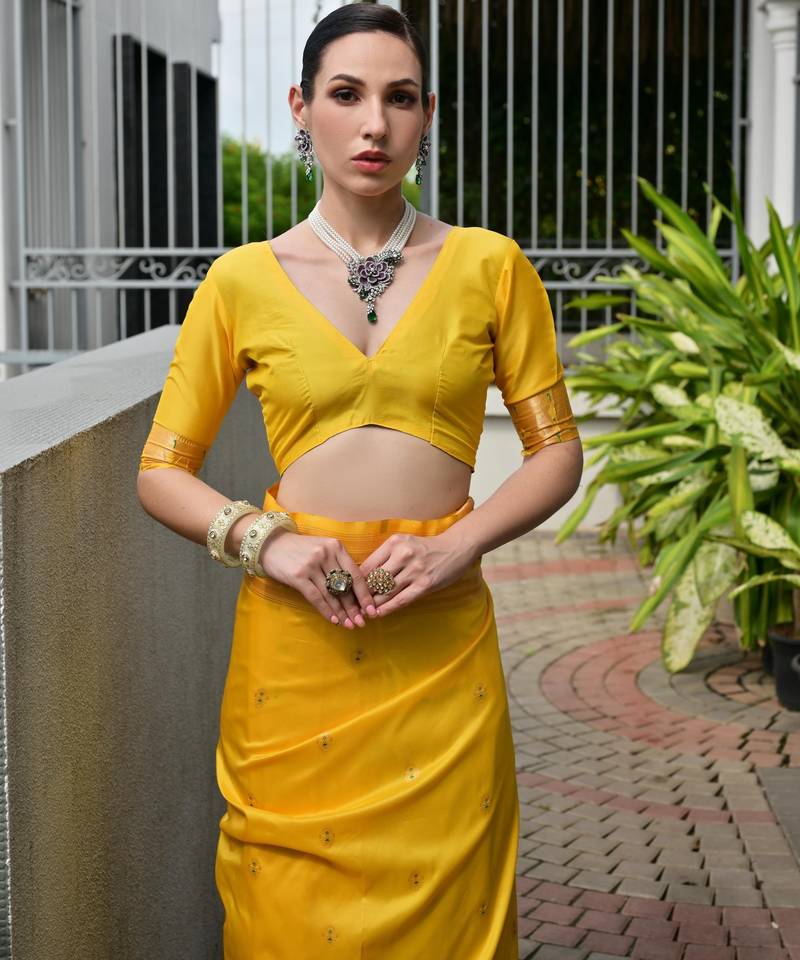 Yellow solid silk blend saree with blouse