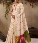 Beige solid blended cotton saree with blouse