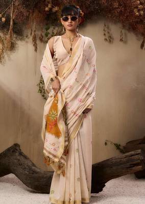 Beige solid blended cotton saree with blouse 2