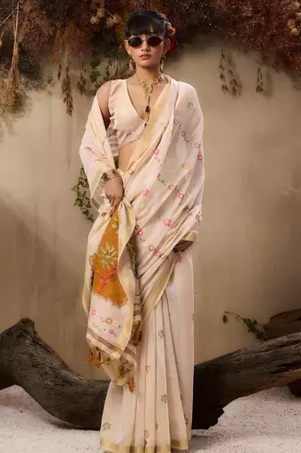 Beige solid blended cotton saree with blouse