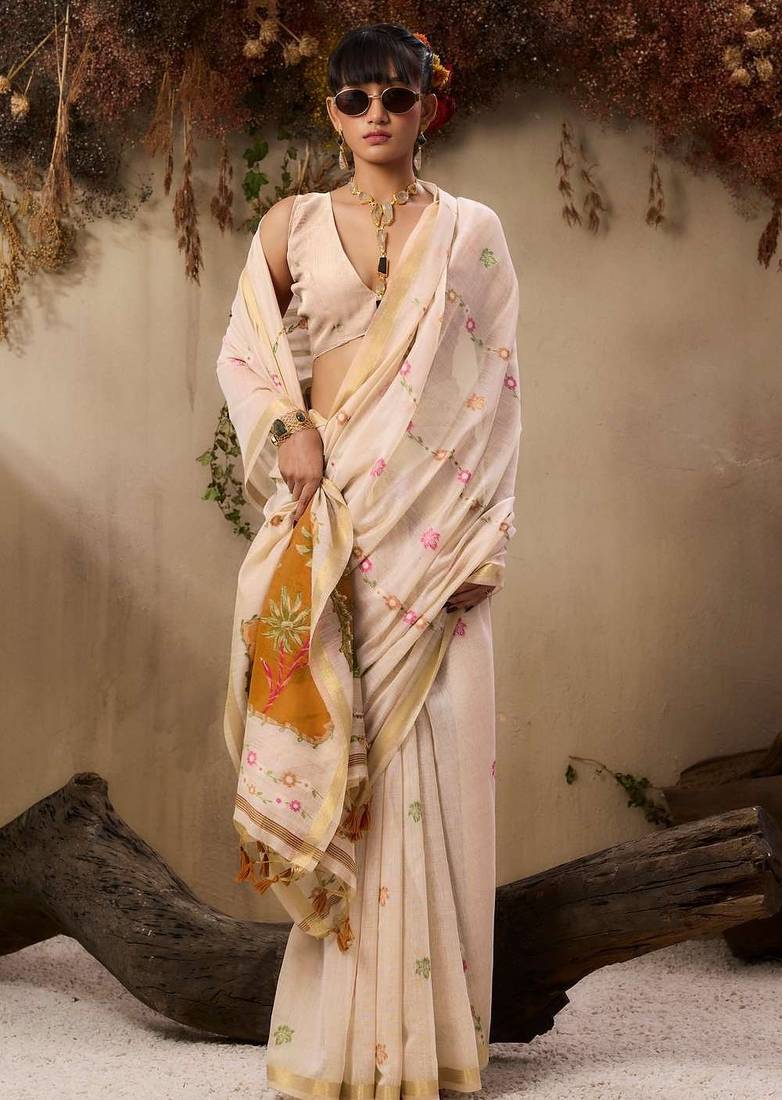Beige solid blended cotton saree with blouse