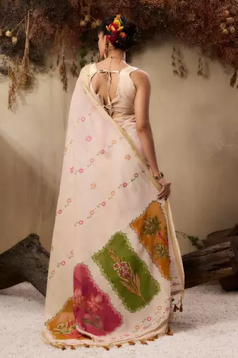 Beige solid blended cotton saree with blouse