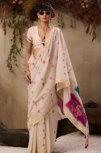 pink solid blended cotton saree with blouse