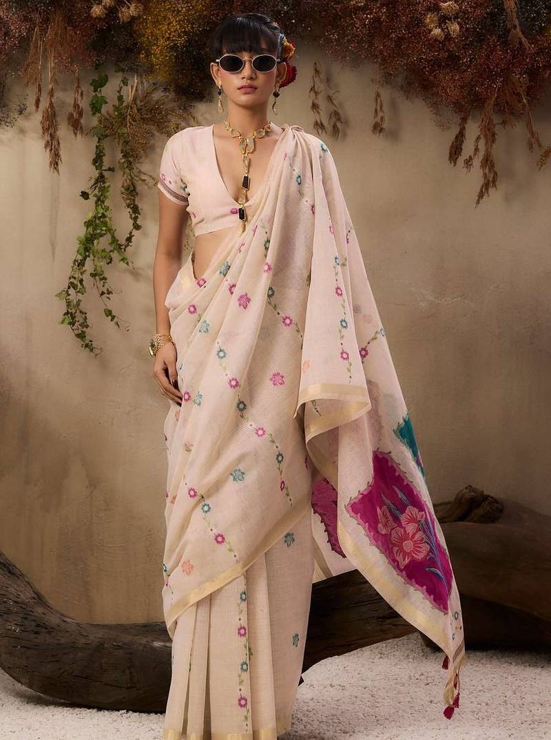 pink solid blended cotton saree with blouse