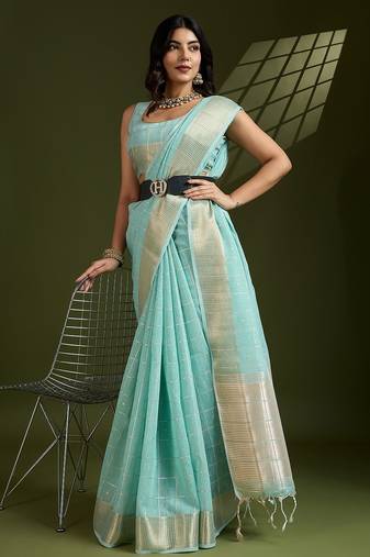 aqua blue solid tissue saree with blouse