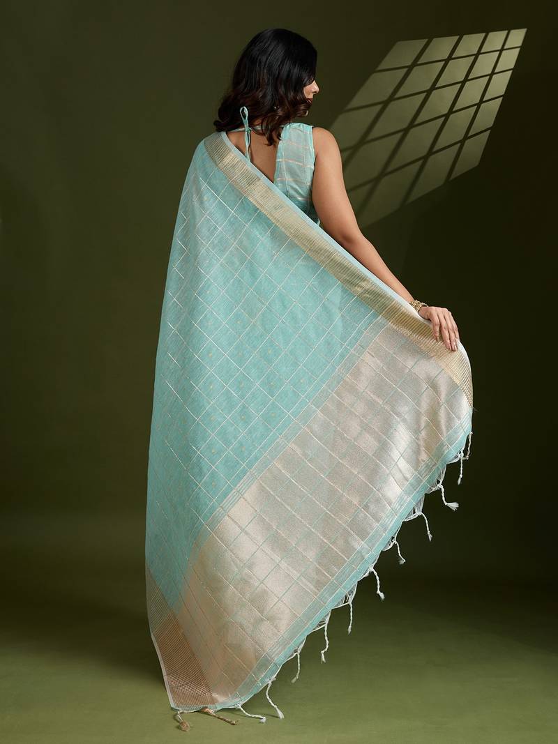 aqua blue solid tissue saree with blouse