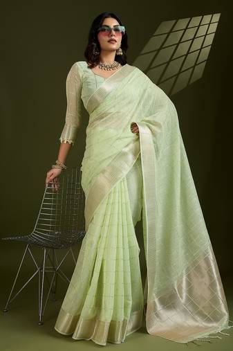 green solid tissue saree with blouse