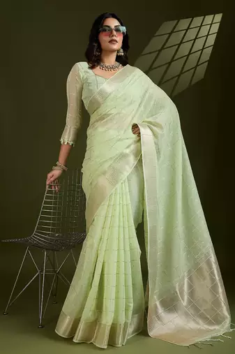 green solid tissue saree with blouse