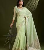 green solid tissue saree with blouse