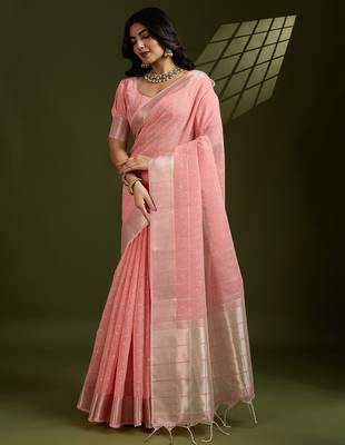 peach solid tissue saree with blouse 1