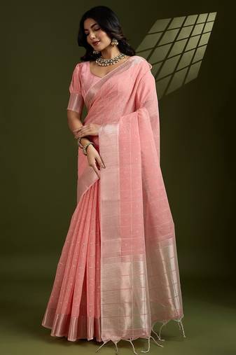 peach solid tissue saree with blouse