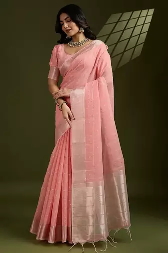 peach solid tissue saree with blouse