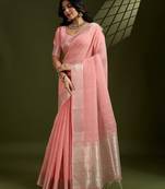 peach solid tissue saree with blouse