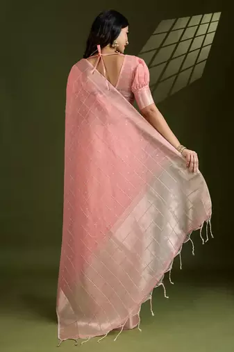 peach solid tissue saree with blouse