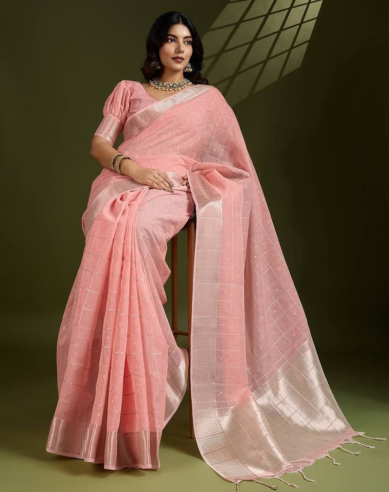 peach solid tissue saree with blouse